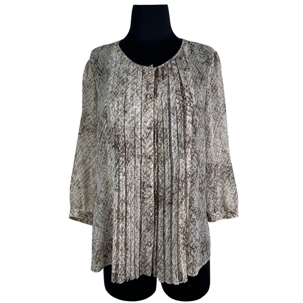 Talbots 14P Petite Snakeskin Pintuck Tunic Blouse Sheer 3/4 Sleeve Button Front